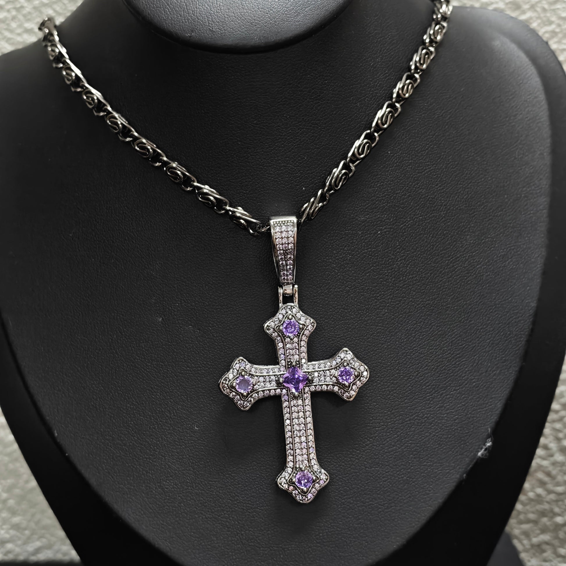 Gothic Cross Necklace detail view 1, dark pink finish gothic dark aesthetic