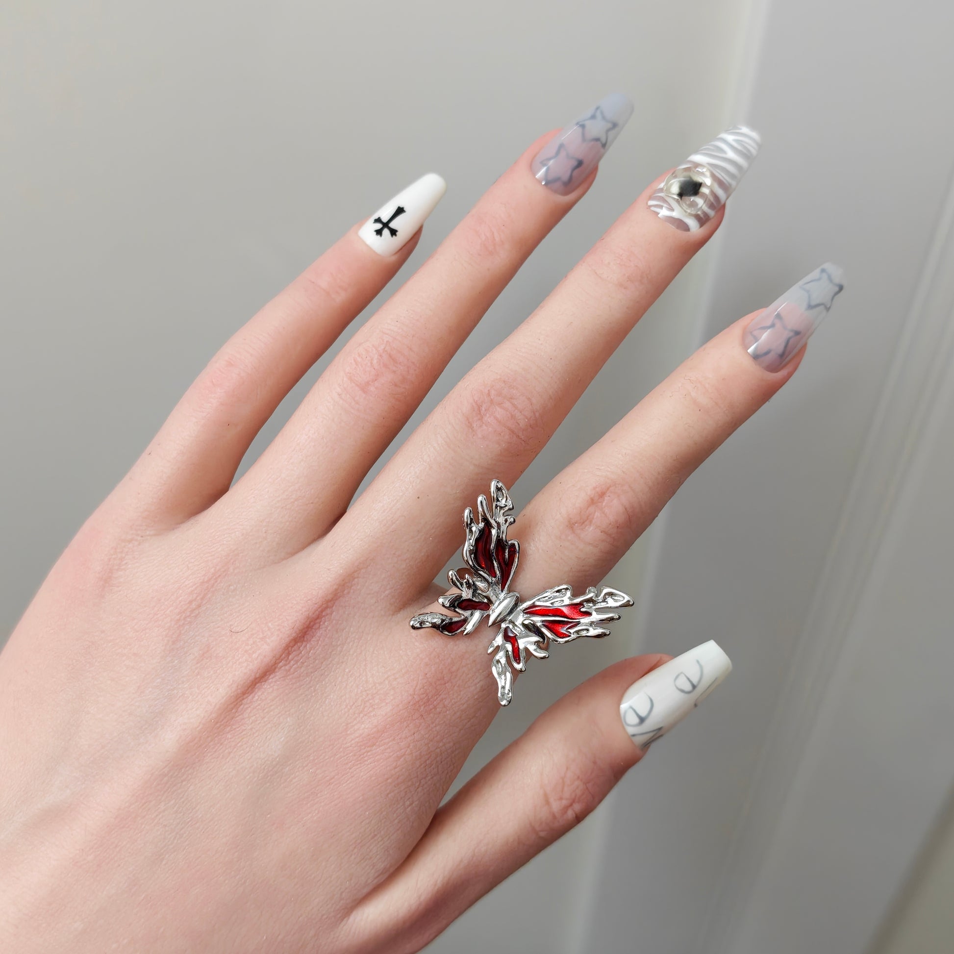 Red Enamel Butterfly Ring in open Aslop Jewelry white gift box, angled view