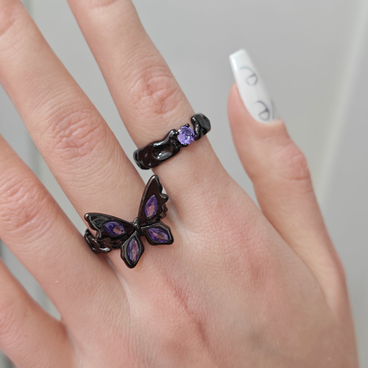 Gothic Purple Butterfly Adjustable Ring detail view 1, dark purple finish gothic dark aesthetic