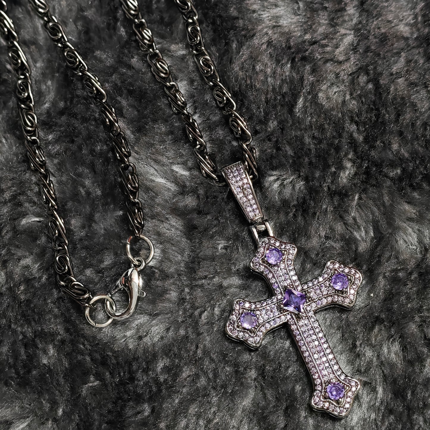 Gothic Cross Necklace close-up detail view showing dark pink finish