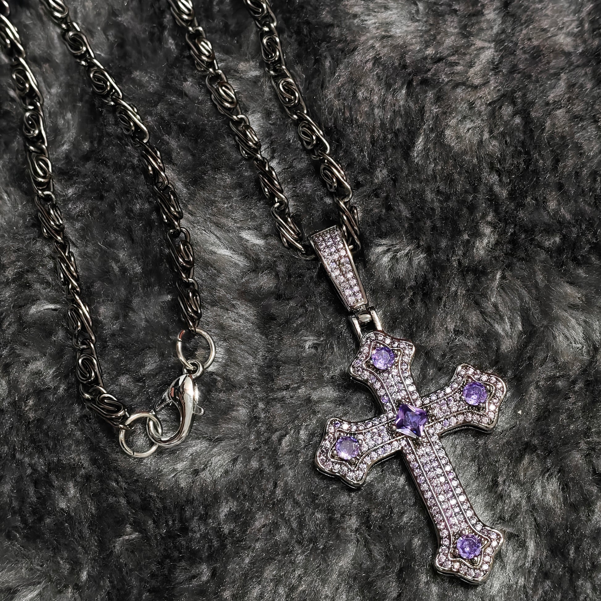 Gothic Cross Necklace close-up detail view showing dark pink finish