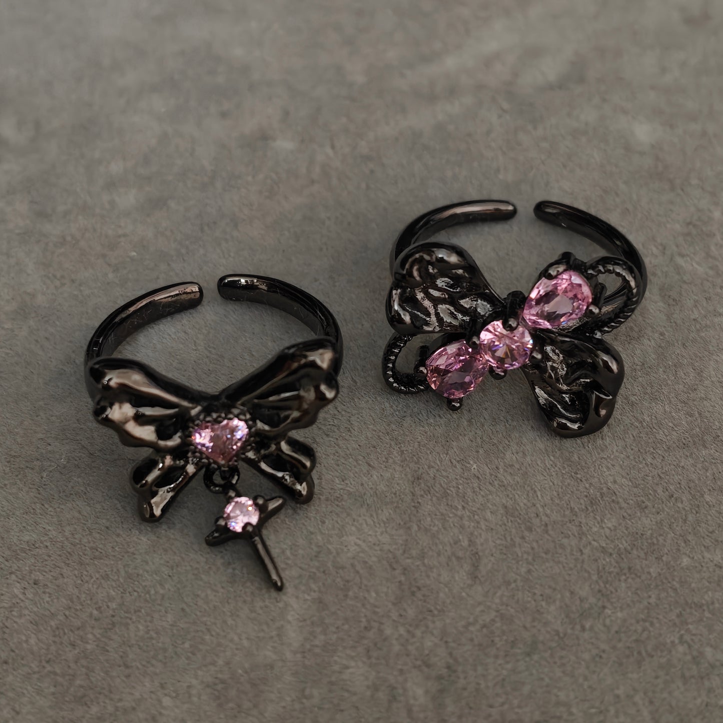 Pink Flutter Duo: Adjustable Butterfly Heart & Crystal Stacking Rings