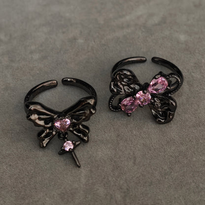 Pink Flutter Duo: Adjustable Butterfly Heart & Crystal Stacking Rings