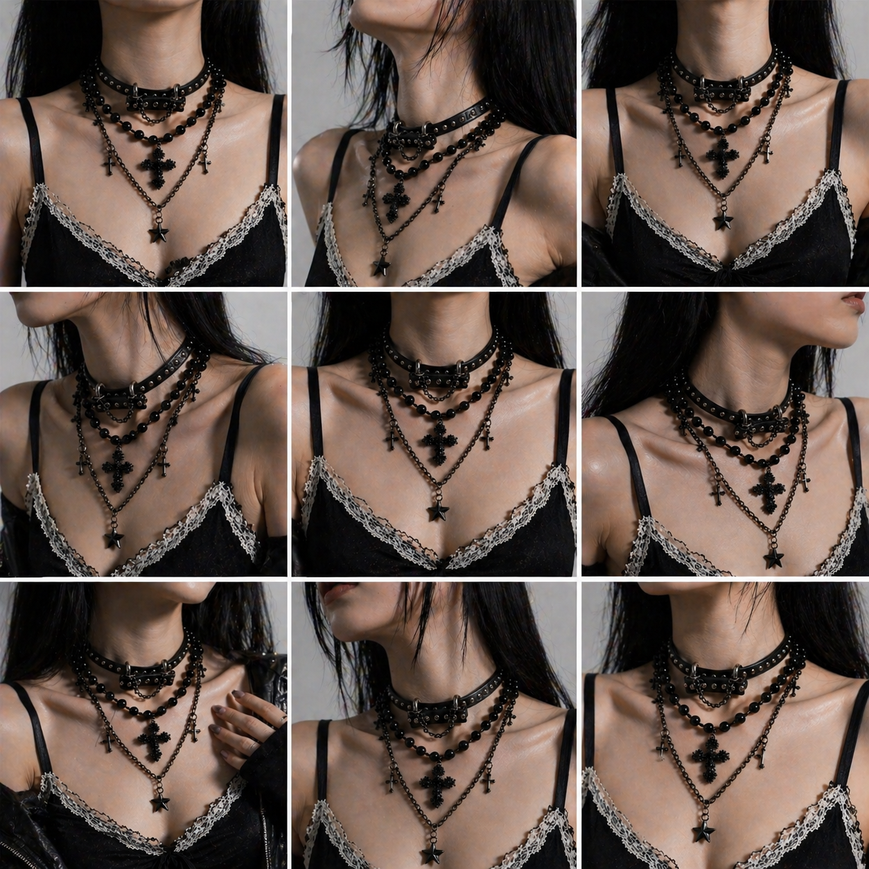 All-Black Layered Cross Choker Necklace side view detail, gothic dark aesthetic