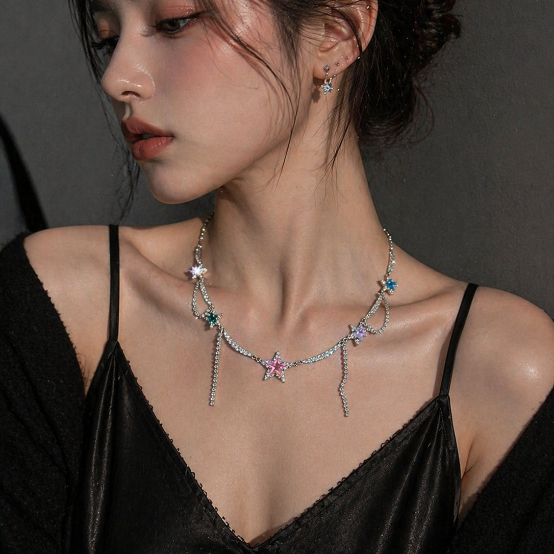 Y2K Star Rhinestone Choker Necklace - Fairy Grunge Jewelry worn around neck, dark moody background – Aslop Treasure