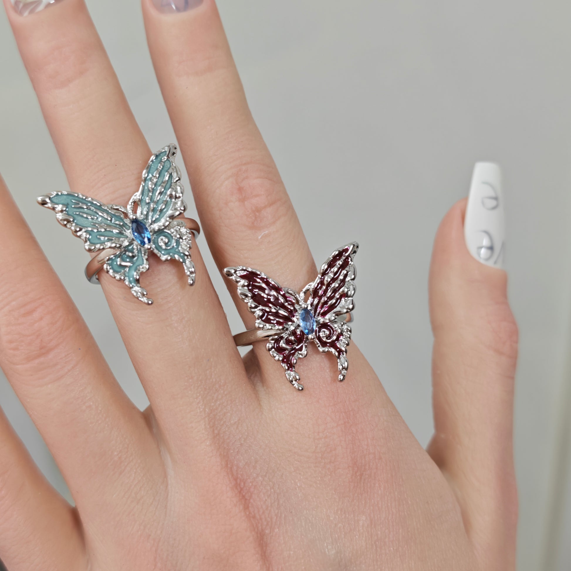 Red Enamel Butterfly Ring side view detail, alternative dark aesthetic