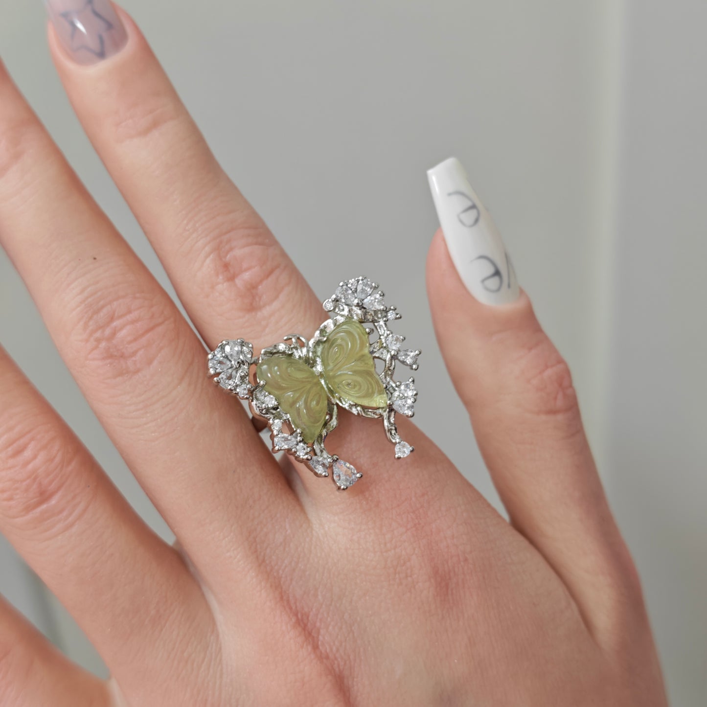 Green Carved Butterfly Ring side view detail, alternative dark aesthetic
