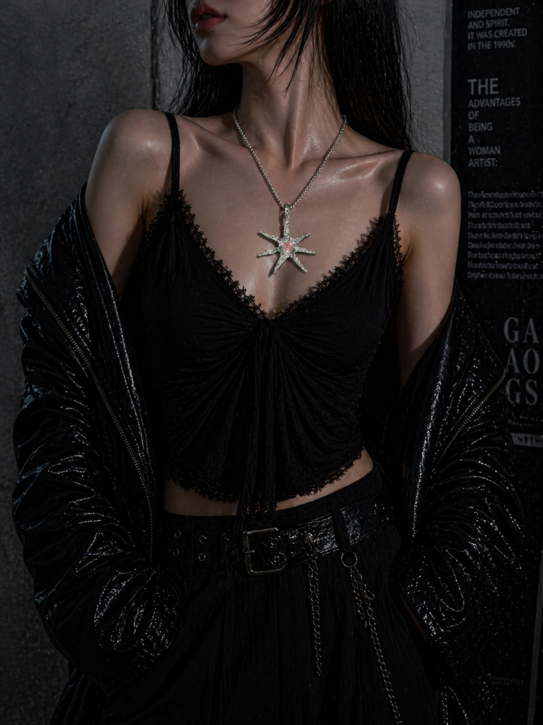 Spiked Starfish & Filigree Cross Heart Necklace Set side view detail, gothic dark aesthetic