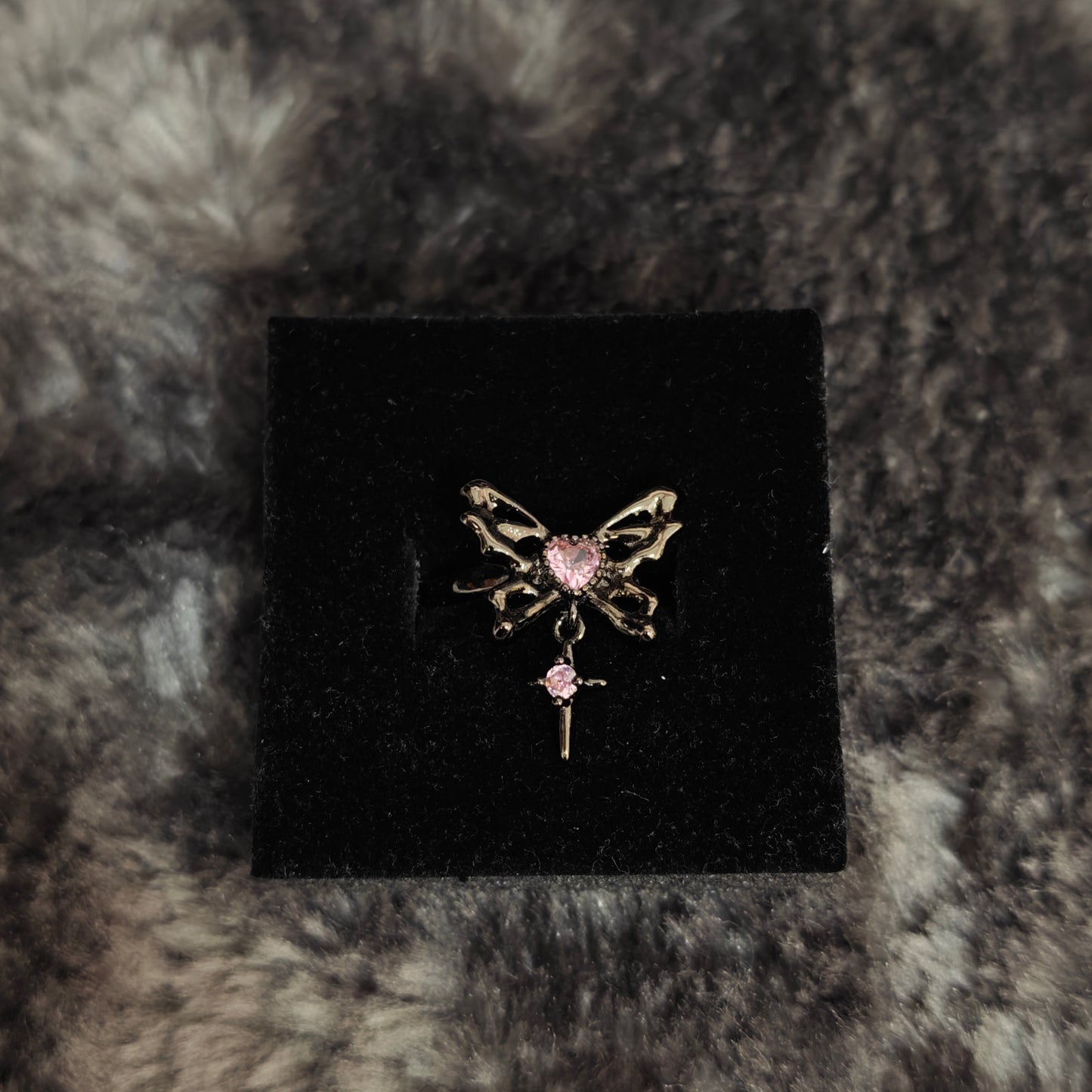 Pink Flutter Duo: Adjustable Butterfly Heart & Crystal Stacking Rings