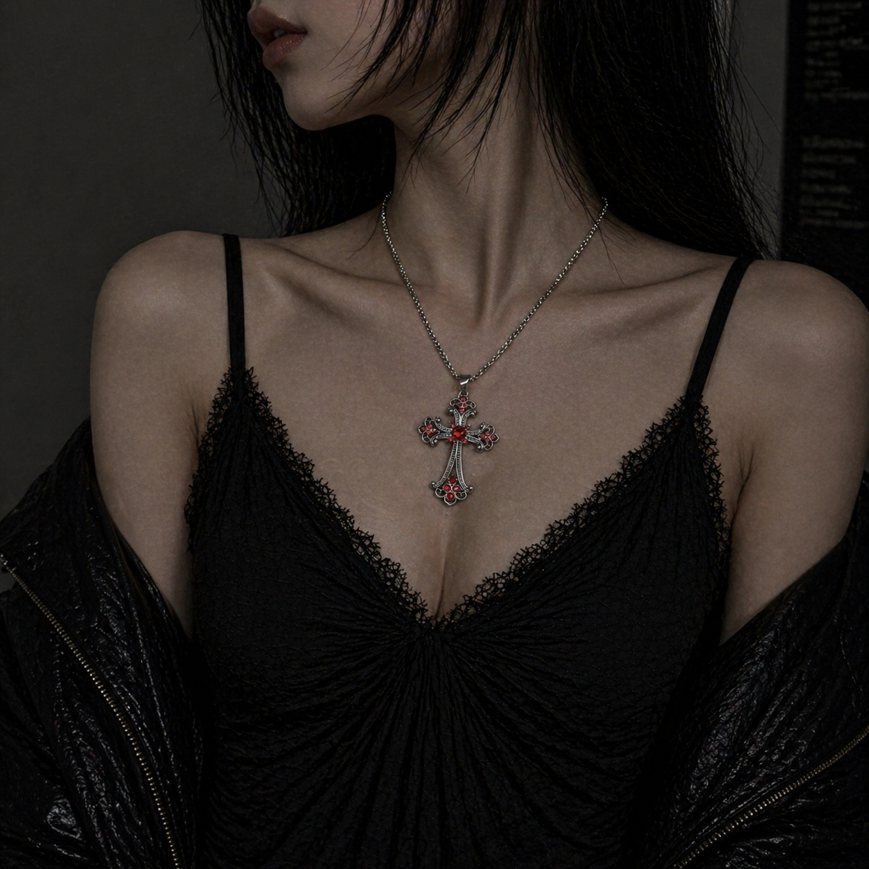 Filigree Cross & Sacred Heart Necklace Set on mannequin bust, front view close-up