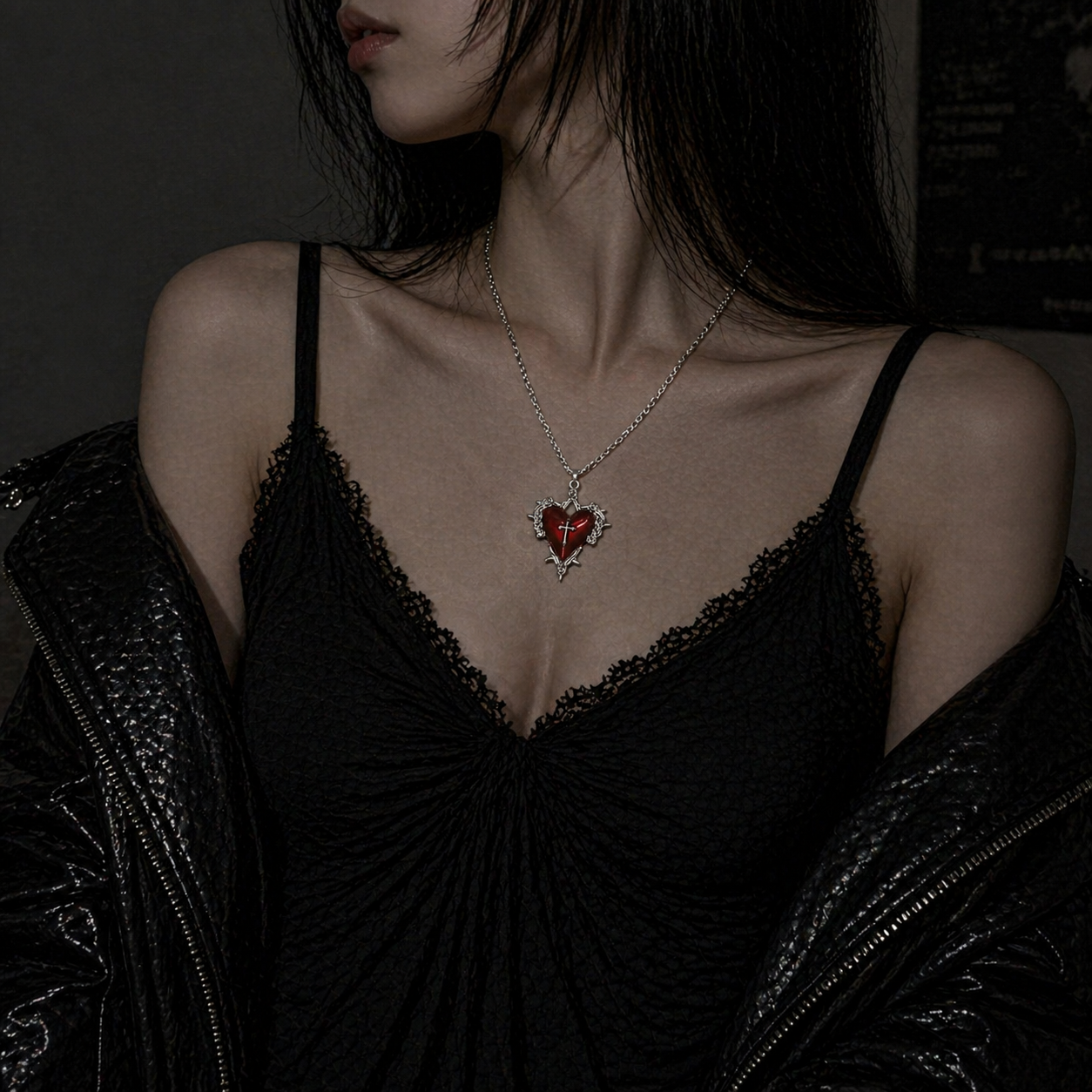 Filigree Cross & Sacred Heart Necklace Set in open black velvet jewelry box, angled view