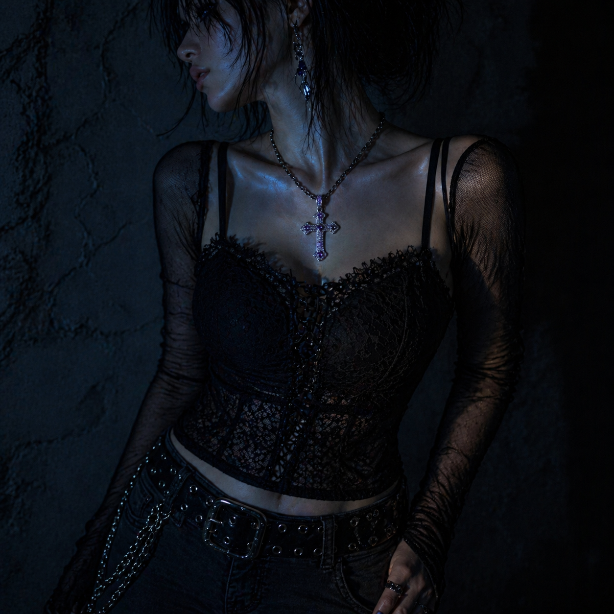 Gothic Cross Necklace in open black velvet jewelry box, overhead flat lay