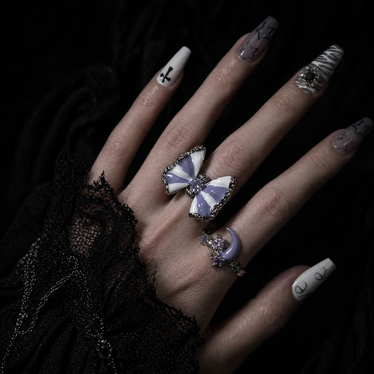 Butterfly & Moon Ring Set side view detail, gothic dark aesthetic