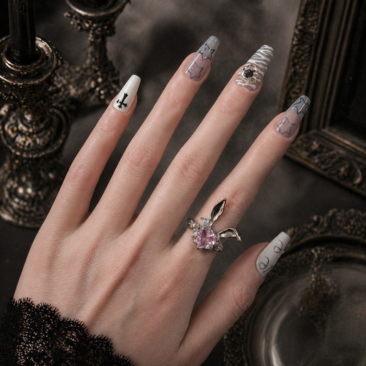 Pink Bunny Heart Ring worn on finger, dark moody background – Aslop Treasure