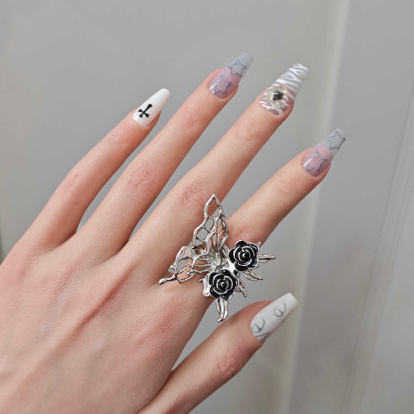 Butterfly Rose Ring detail view 4, silver finish alternative dark aesthetic