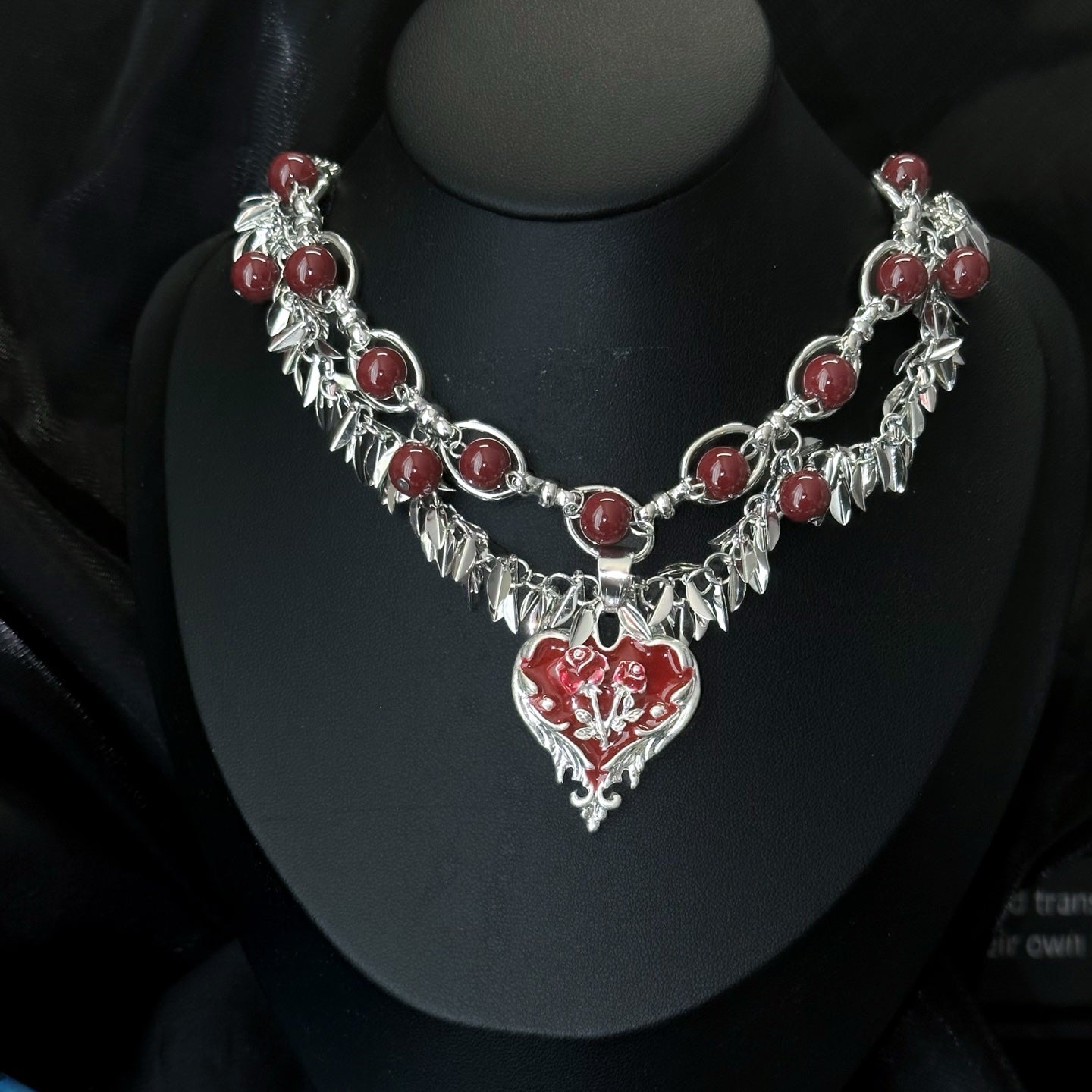 Silver leaf chain necklace with crimson red beads and rose heart enamel pendant - Aslop Treasure