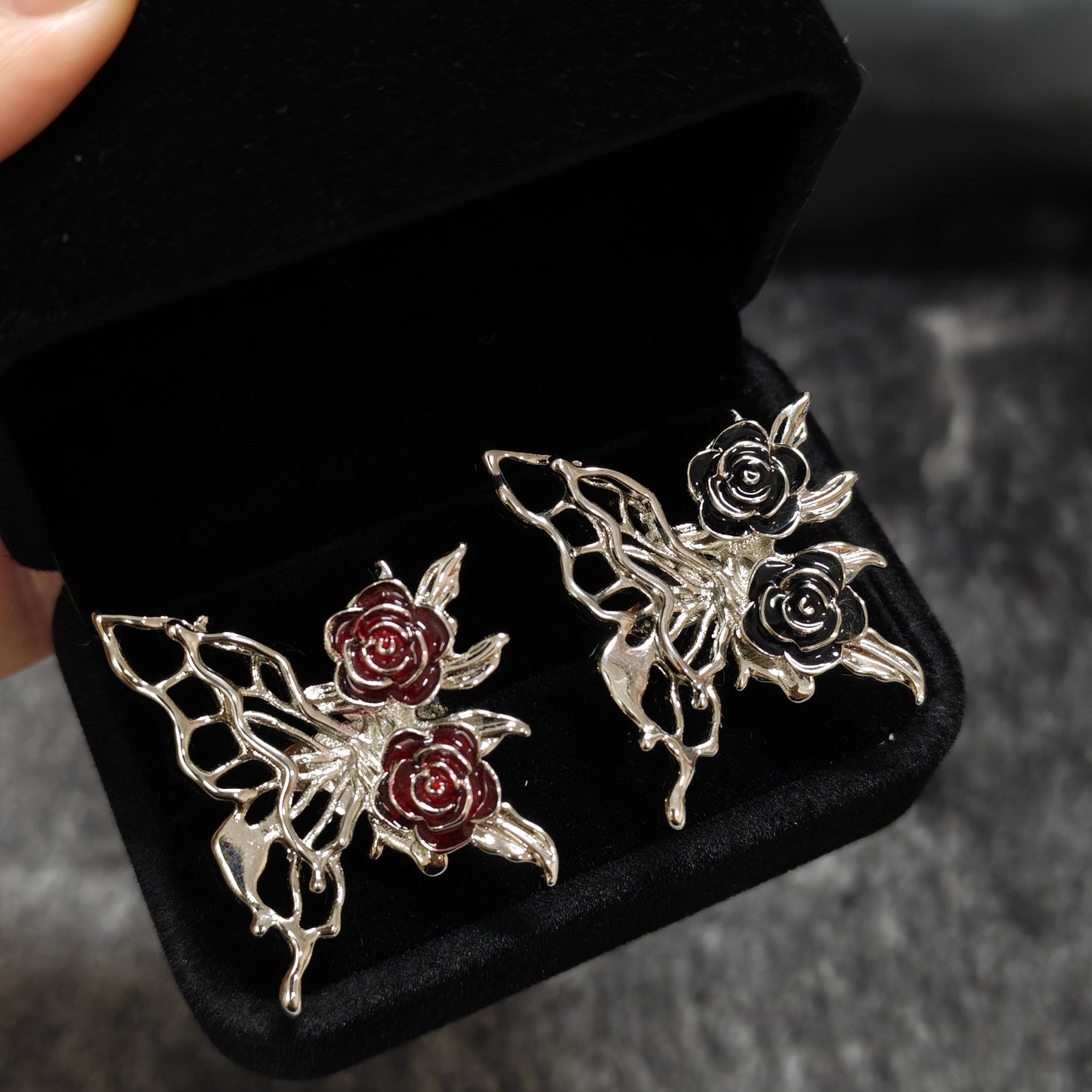 silver butterfly ring dark floral style