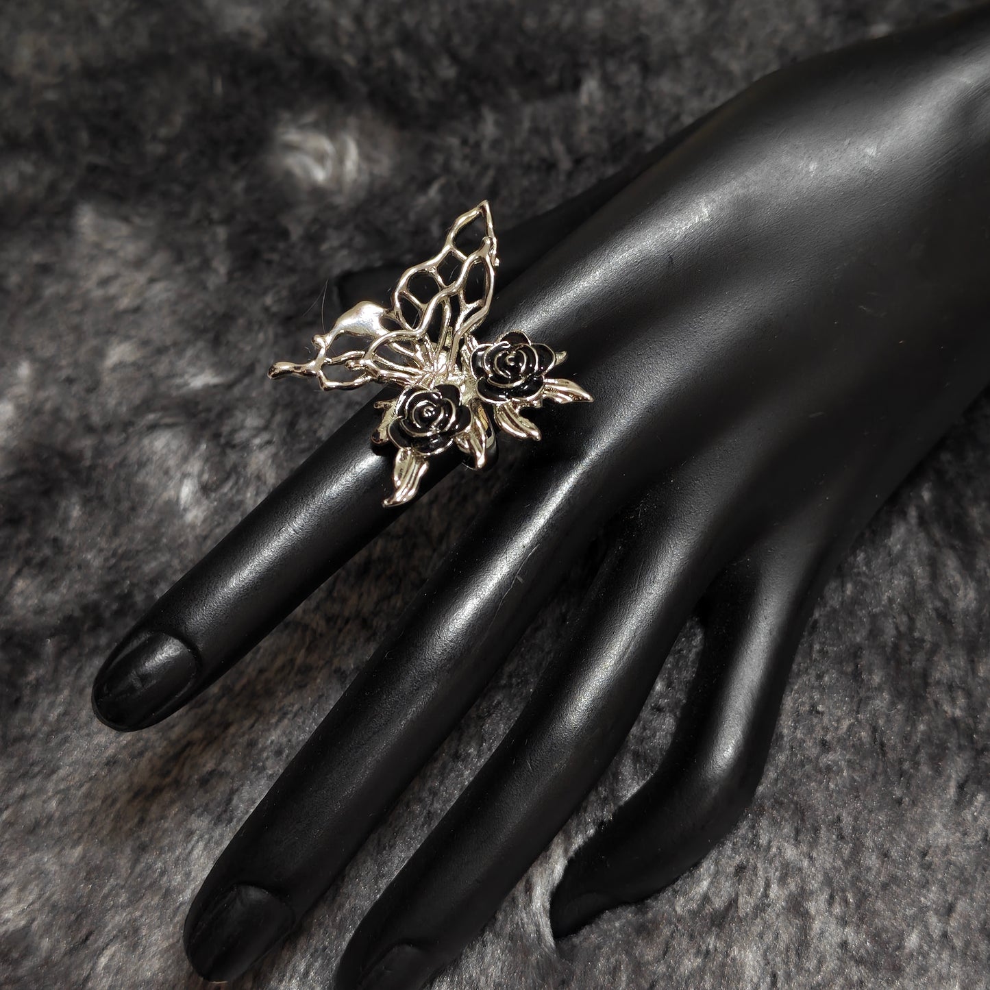 silver butterfly ring black rose gothic aesthetic