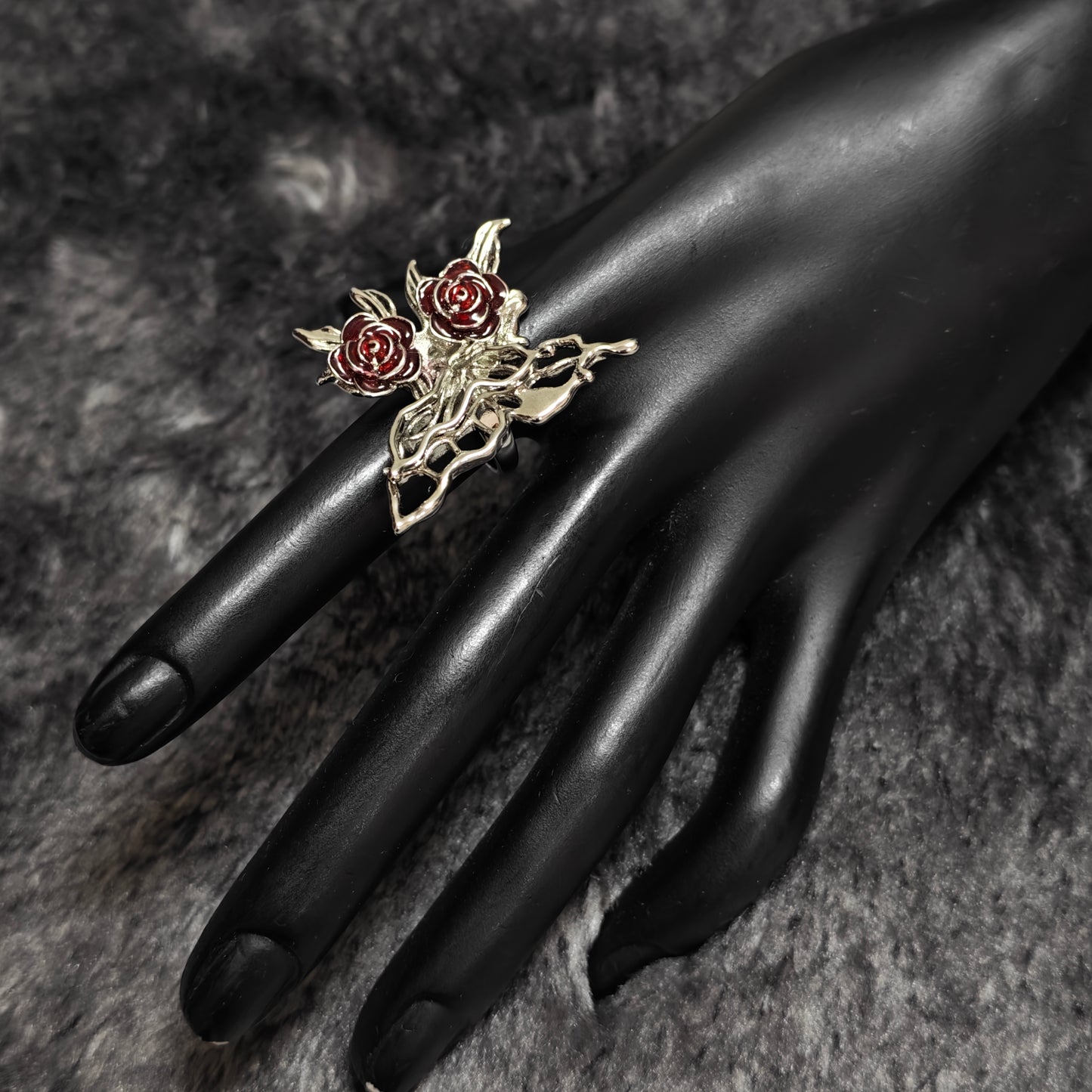silver butterfly ring red rose dark romantic