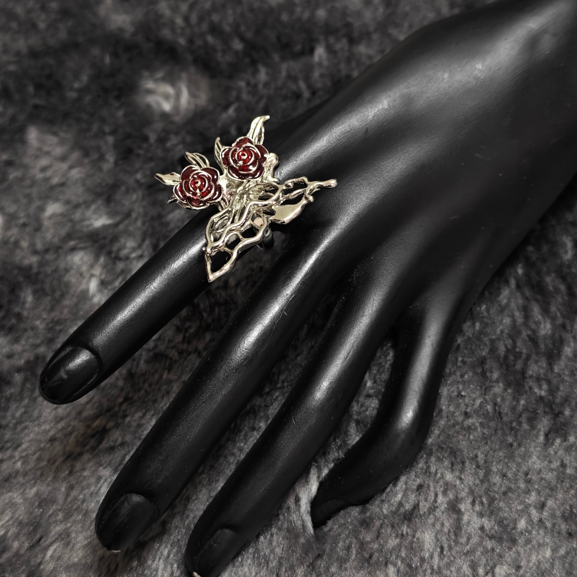 silver butterfly ring red rose dark romantic