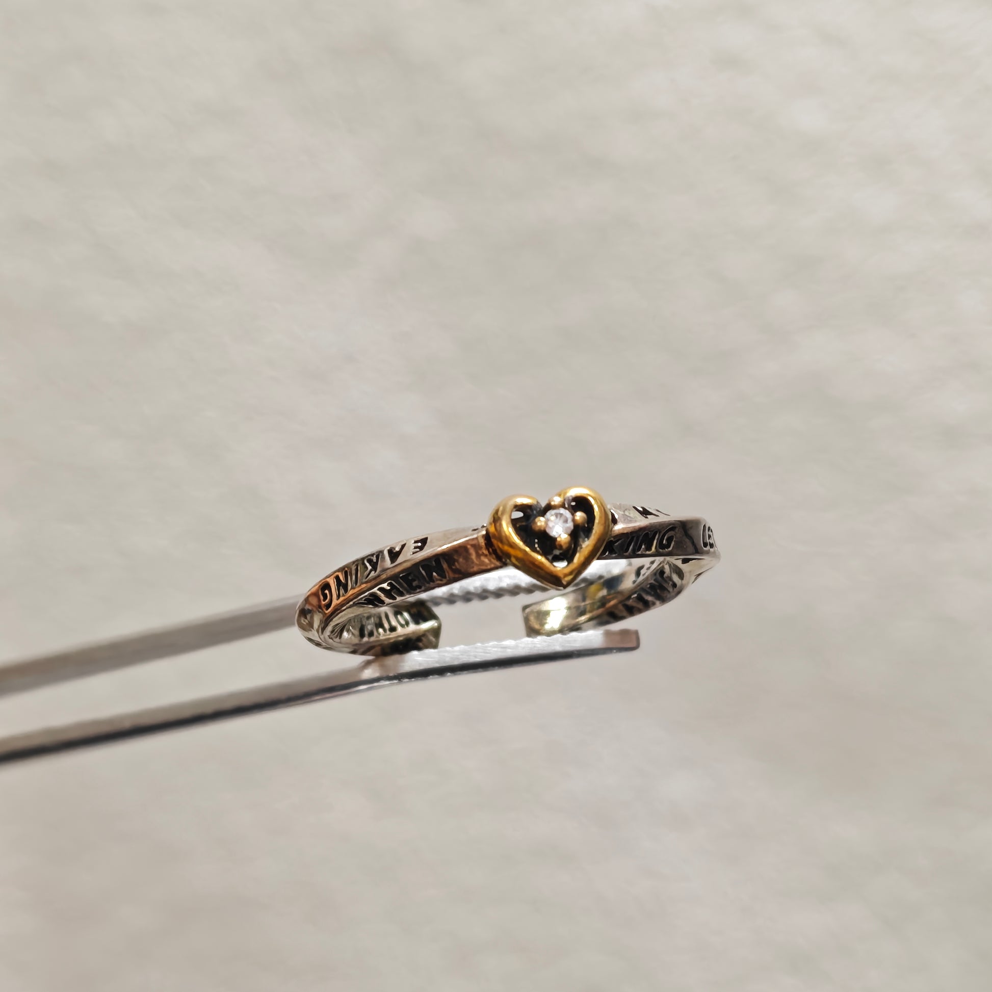 silver engraved ring gold heart accent