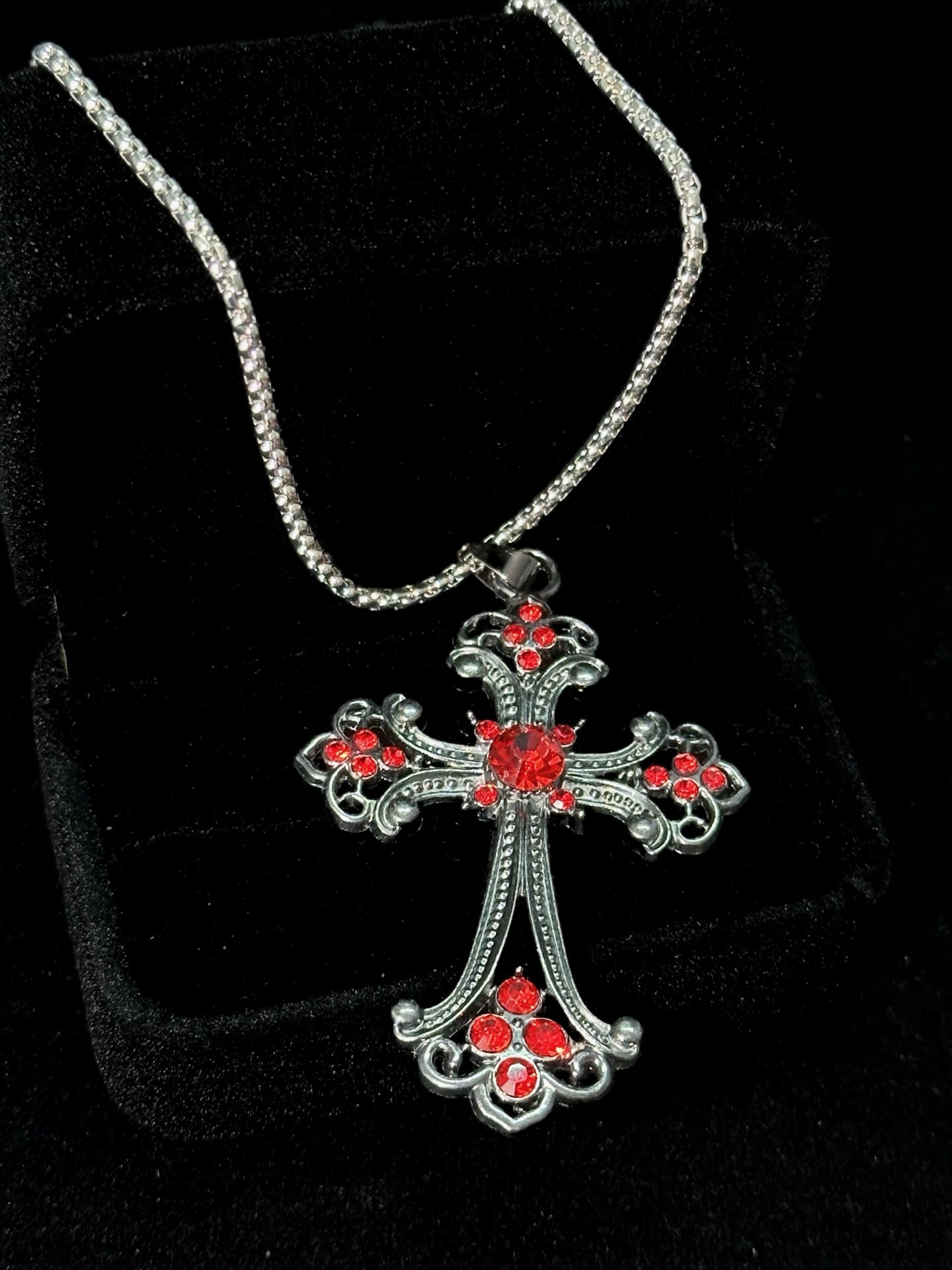 Filigree Cross & Sacred Heart Necklace Set close-up detail view showing dark red finish