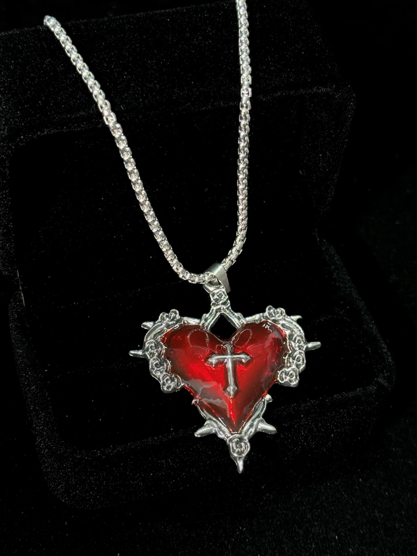 Filigree Cross & Sacred Heart Necklace Set in open Aslop Jewelry white gift box, angled view