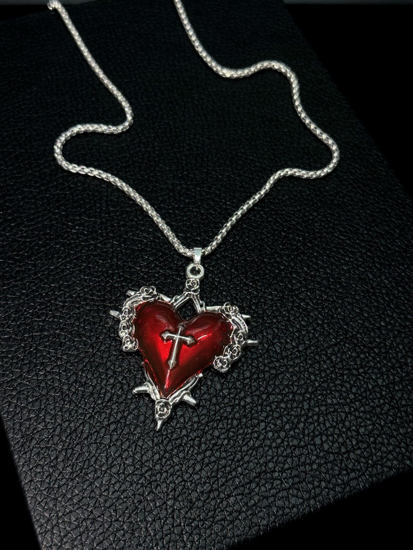 Filigree Cross & Sacred Heart Necklace Set in open Aslop Jewelry white gift box, overhead flat view