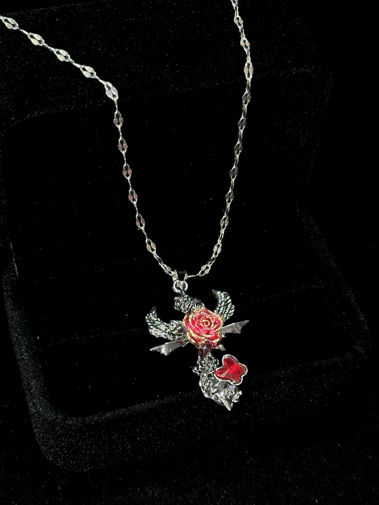 Angel Rose & Pink Crescent Moon Necklace Set in open Aslop Jewelry white gift box, angled view