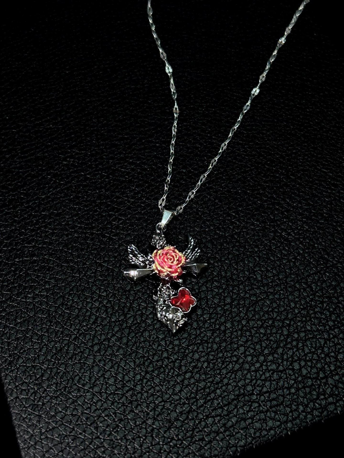 Angel Rose & Pink Crescent Moon Necklace Set in open Aslop Jewelry white gift box, overhead flat view