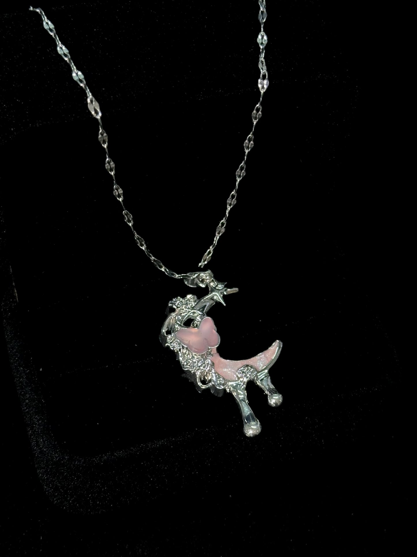 Angel Rose & Pink Crescent Moon Necklace Set close-up detail view showing dark pink finish