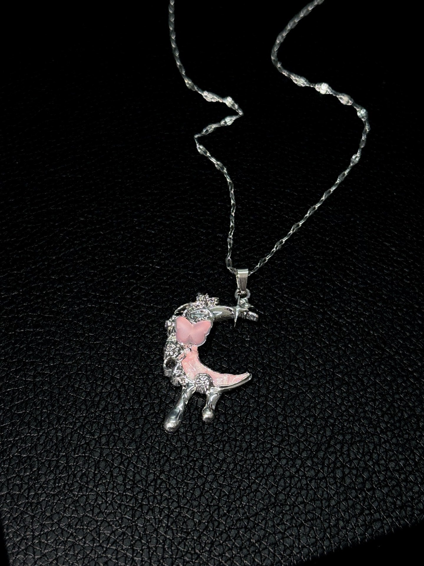 Angel Rose & Pink Crescent Moon Necklace Set side view detail, gothic dark aesthetic