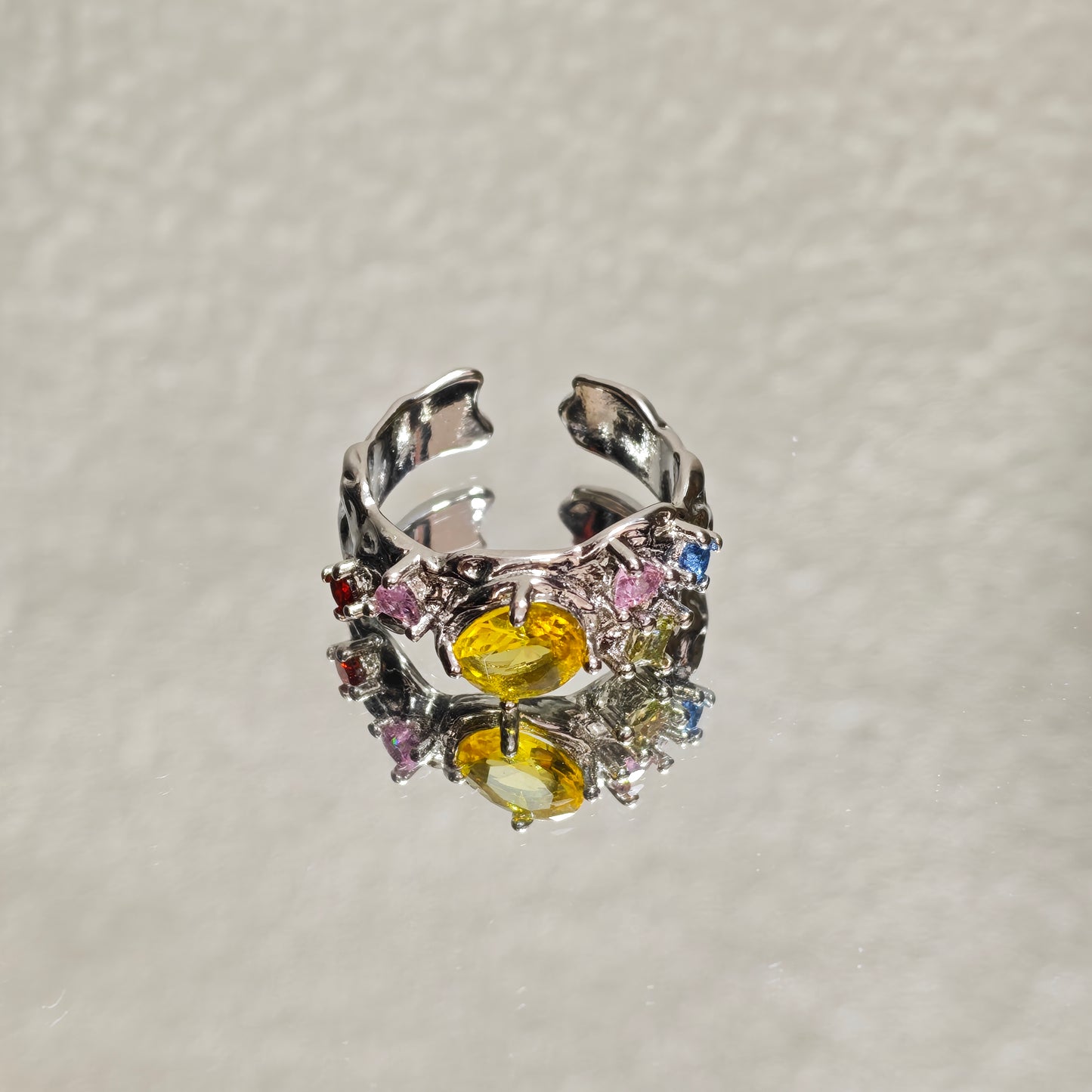yellow pink crystal ring silver colorful style