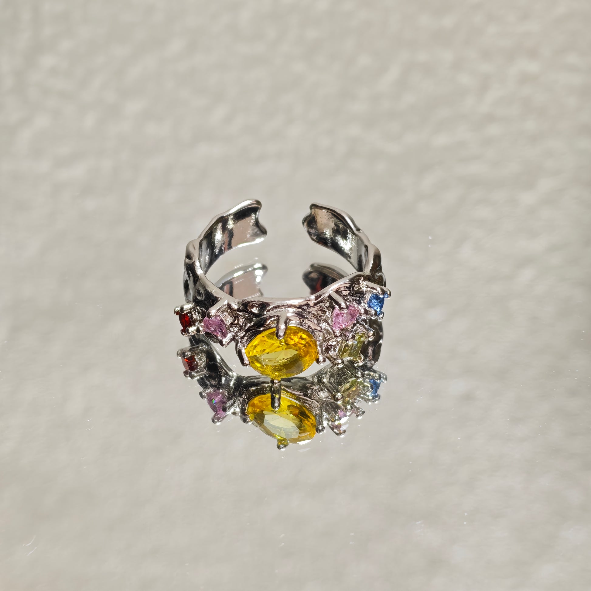 yellow pink crystal ring silver colorful style